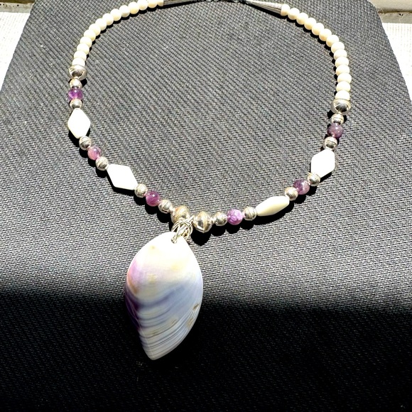 Hand Crafted Jewelry - Hand Crafted “One of a Kind” White Coral/Amethyst/Sterling Silver Shell Necklace